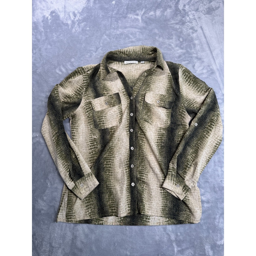 Notations Blouse Womens Small Green Snake Print Long Sleeve Pockets Button Up